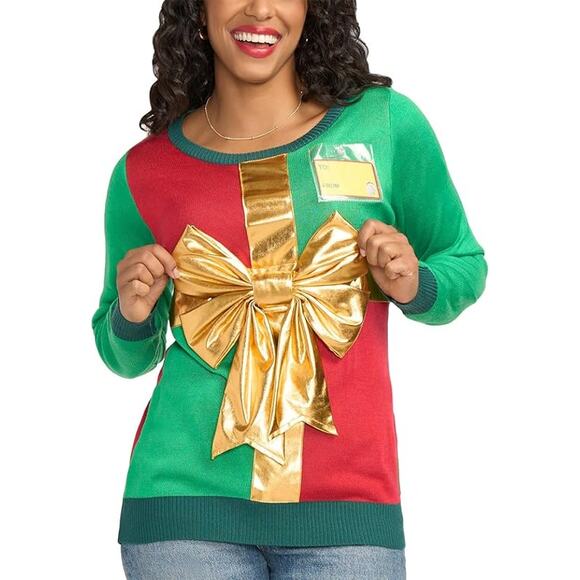 Tipsy Elves Women's Present Ugly Christmas holiday Sweater red green gold Size S - Picture 3 of 13